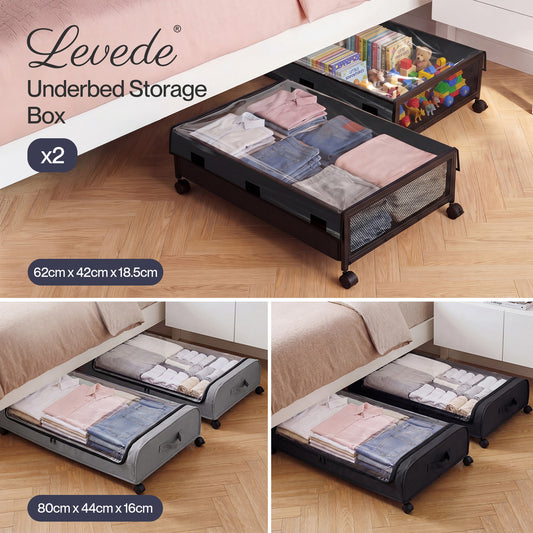 Levede Under Bed Storage Boxes with Lids  Rolling  Oxford  Metal Frame  2 Packs