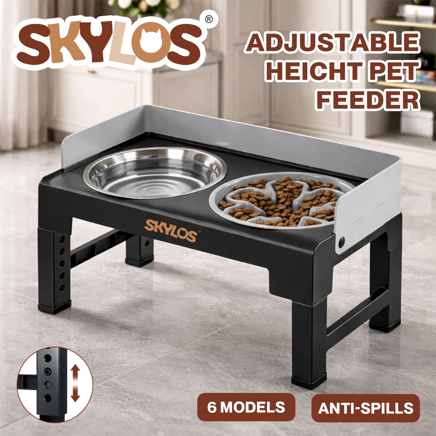 Skylos Raised Dog Bowls Elevated Pet Feeder 6 Height Slow Food Water Feeding