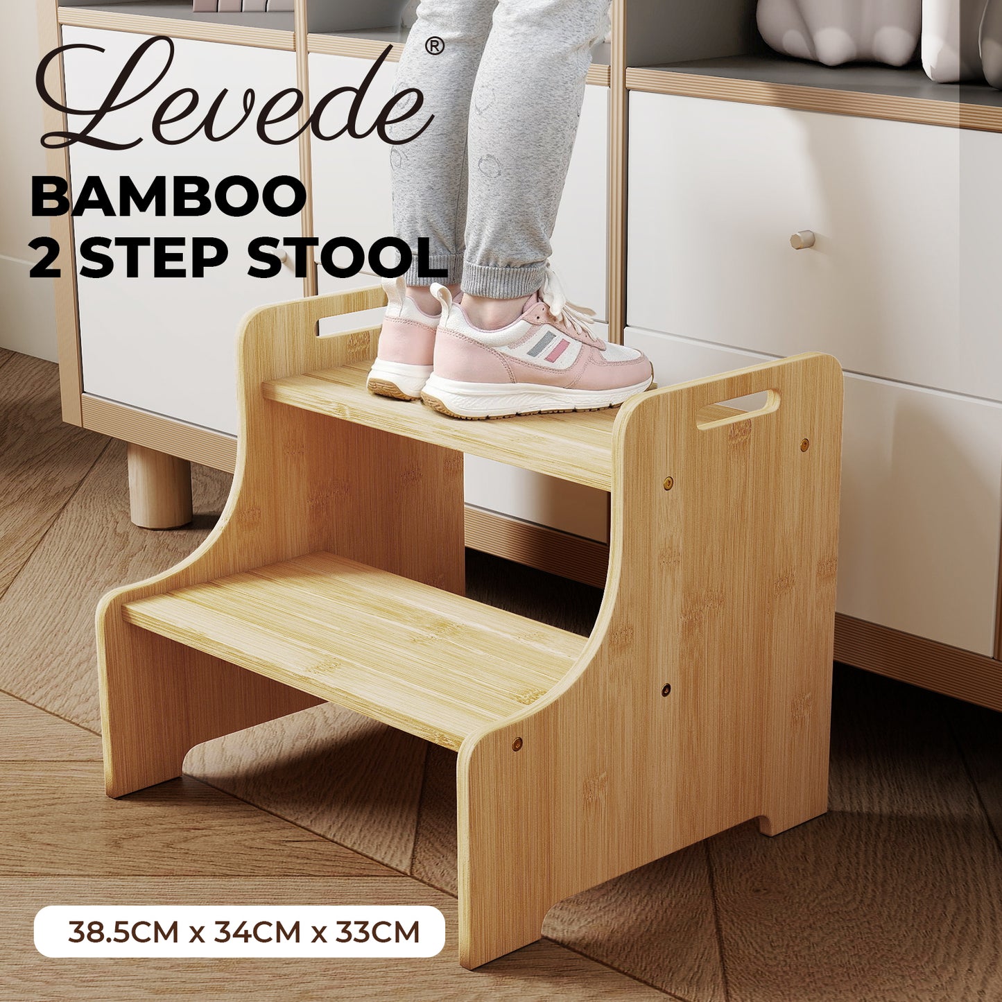 Levede Bamboo 2 Step Stool Non Slip for Potty Training Bathroom Splash Handle