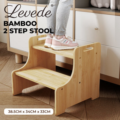 Levede Bamboo 2 Step Stool Non Slip for Potty Training Bathroom Splash Handle