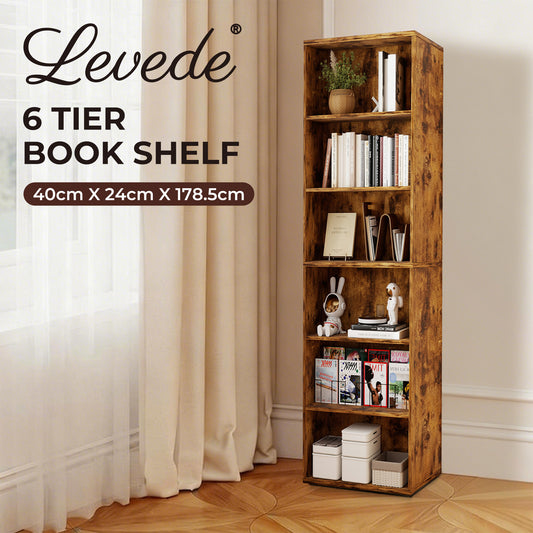 Levede Slim Bookcase Tall Bookshelf 6 Tier Adjustable Shelf Living Room Walnut