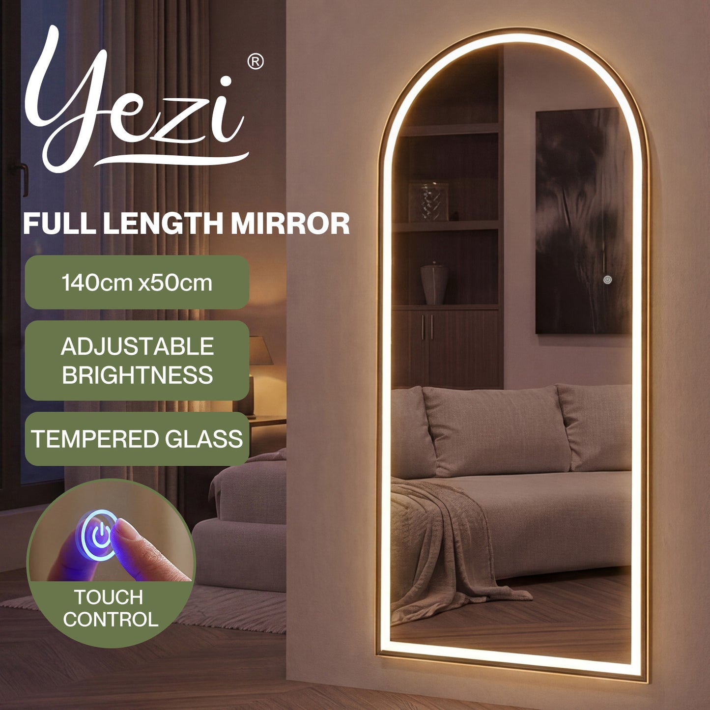 Yezi Full Length Mirror Arched LED Touch Buttons Light-Adjustable 140x50cm White