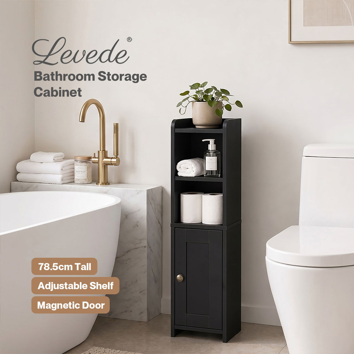 Levede Bathroom Cabinet Slim Corner Storage Adjustable Shelves PB MDF Black