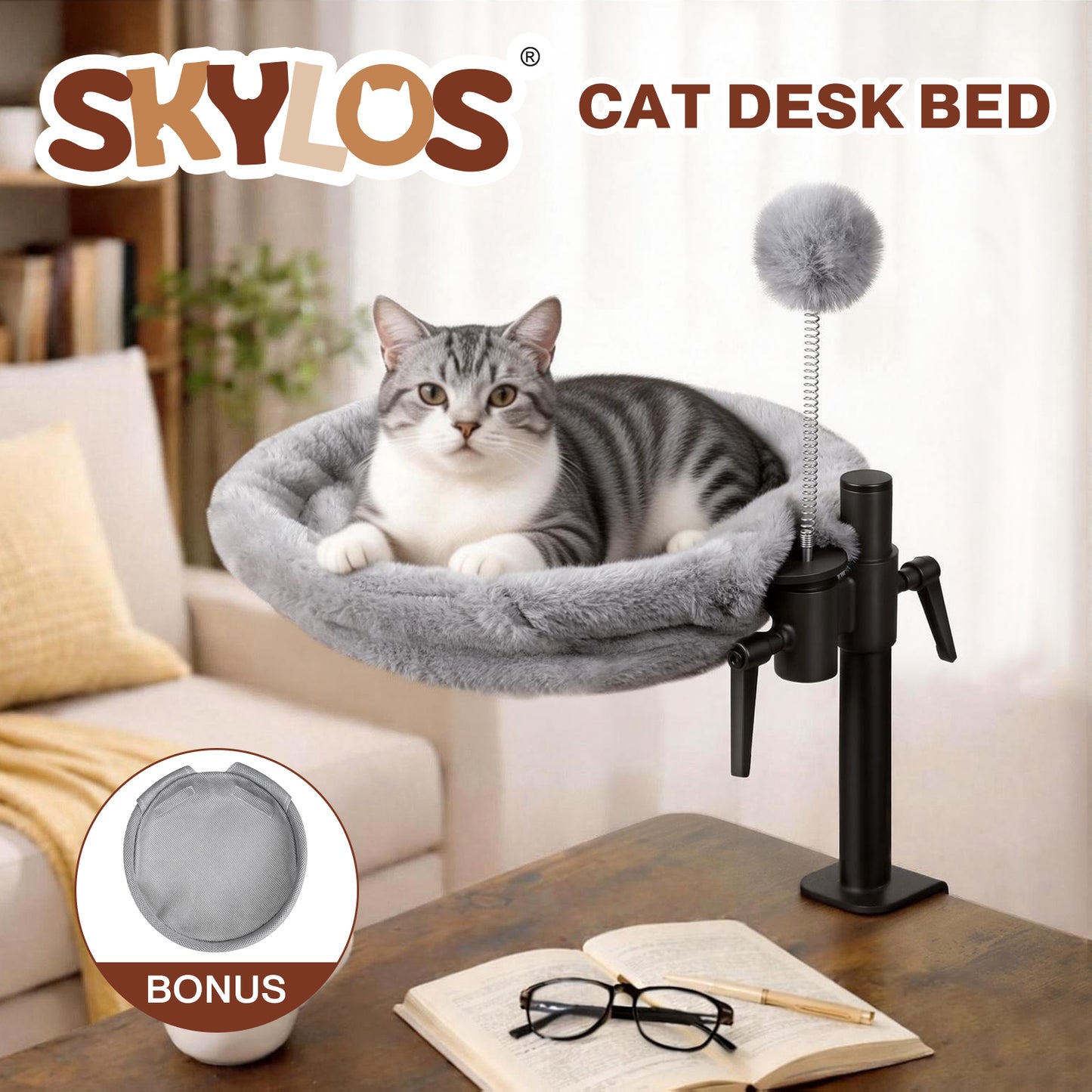 Skylos Cat Bed for Desk 360° Rotating Hammock Adjustable Height Plush Mesh Grey