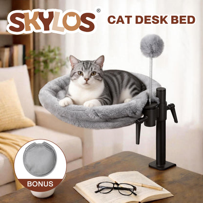 Skylos Cat Bed for Desk 360° Rotating Hammock Adjustable Height Plush Mesh Grey