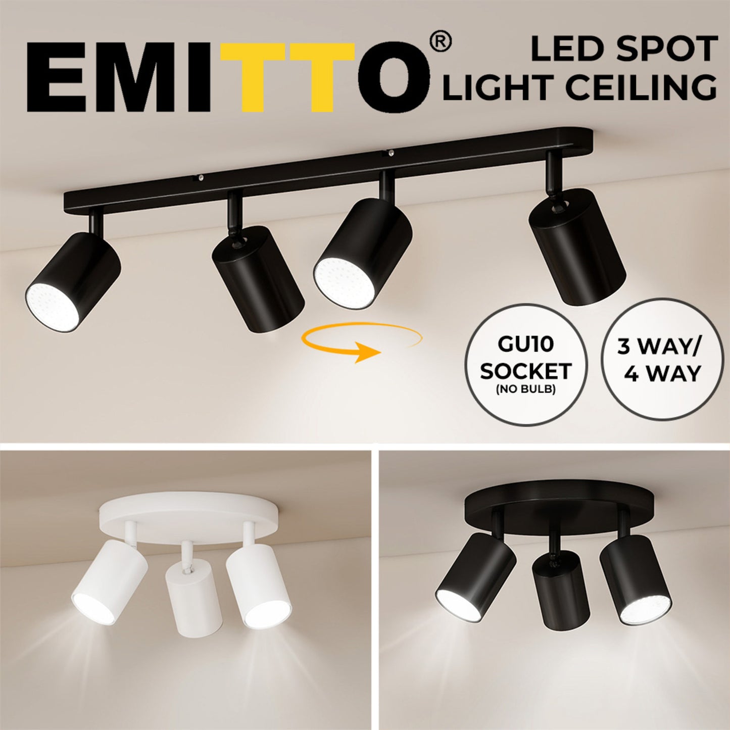 EMITTO Ceiling Spotlight Adjustable Kitchen Bar Spot Light LED GU10 No Bulbs