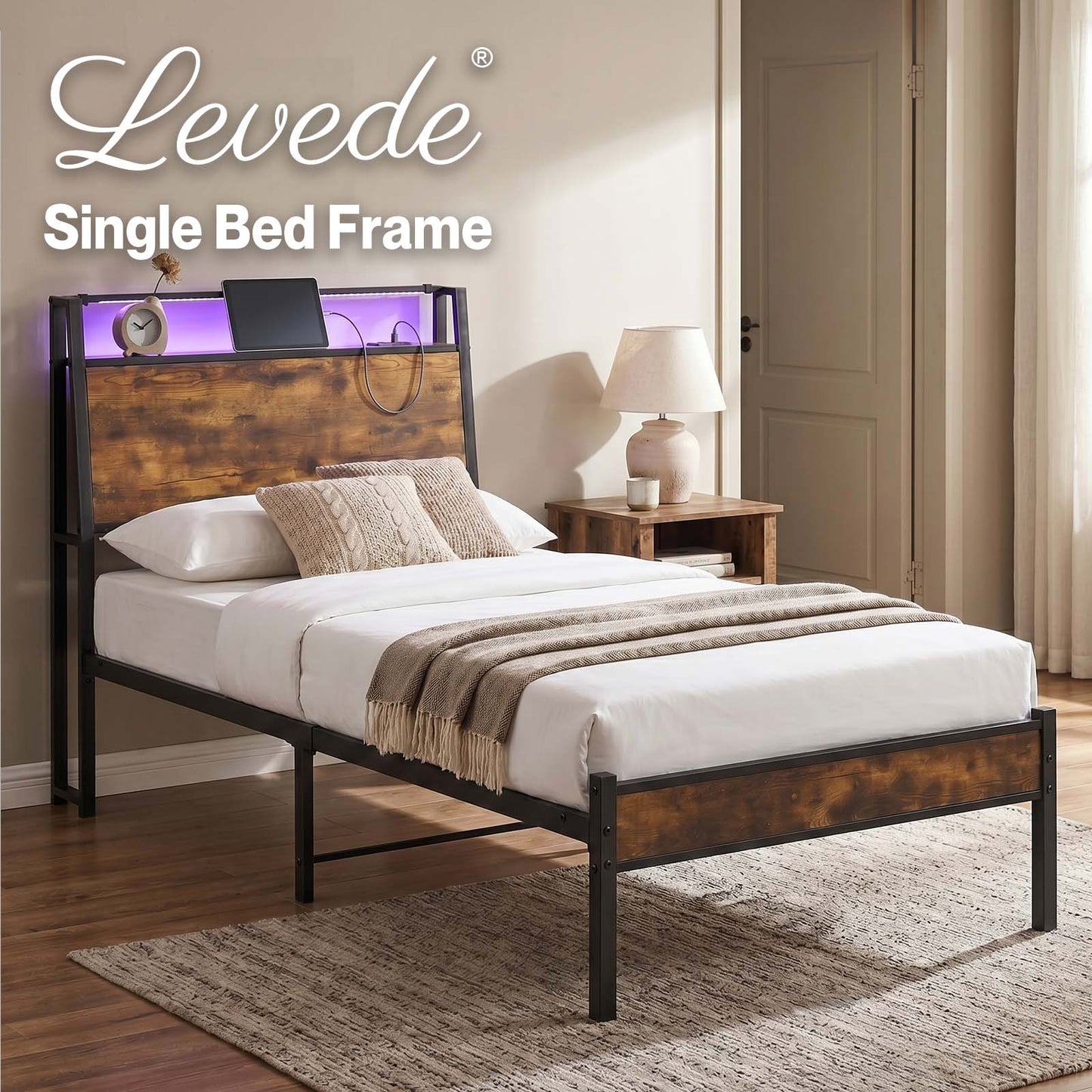 Levede Single Bed Frame Platform Storage Headboard Charging Station LED Lights