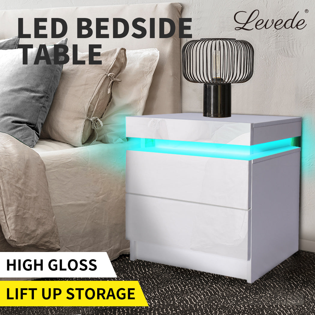 Levede Bedside Tables RGB LED Side Table 2 Drawers High Gloss Nightstand Cabinet