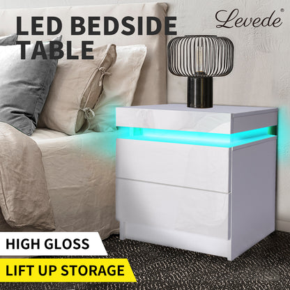 Levede Bedside Tables RGB LED Side Table 2 Drawers High Gloss Nightstand Cabinet