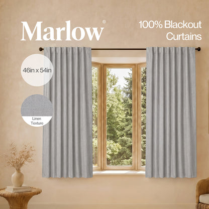 Marlow 100% Blackout Curtains Thermal Linen Look Pair Ready Made 46x54 in Grey