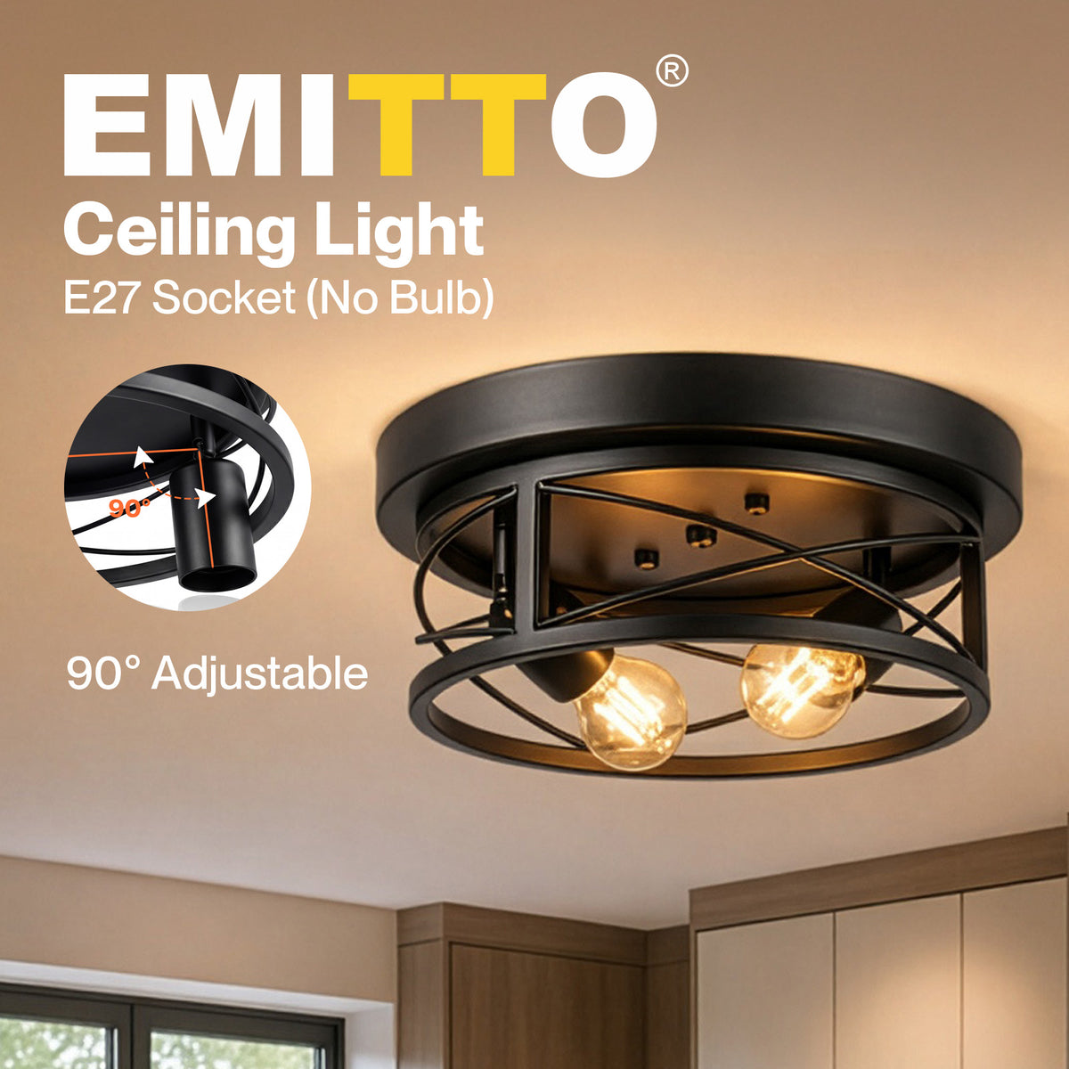 Emitto Ceiling Lights E27 Metal Cage 90° Adjustable Heads Kitchen Fixture Black