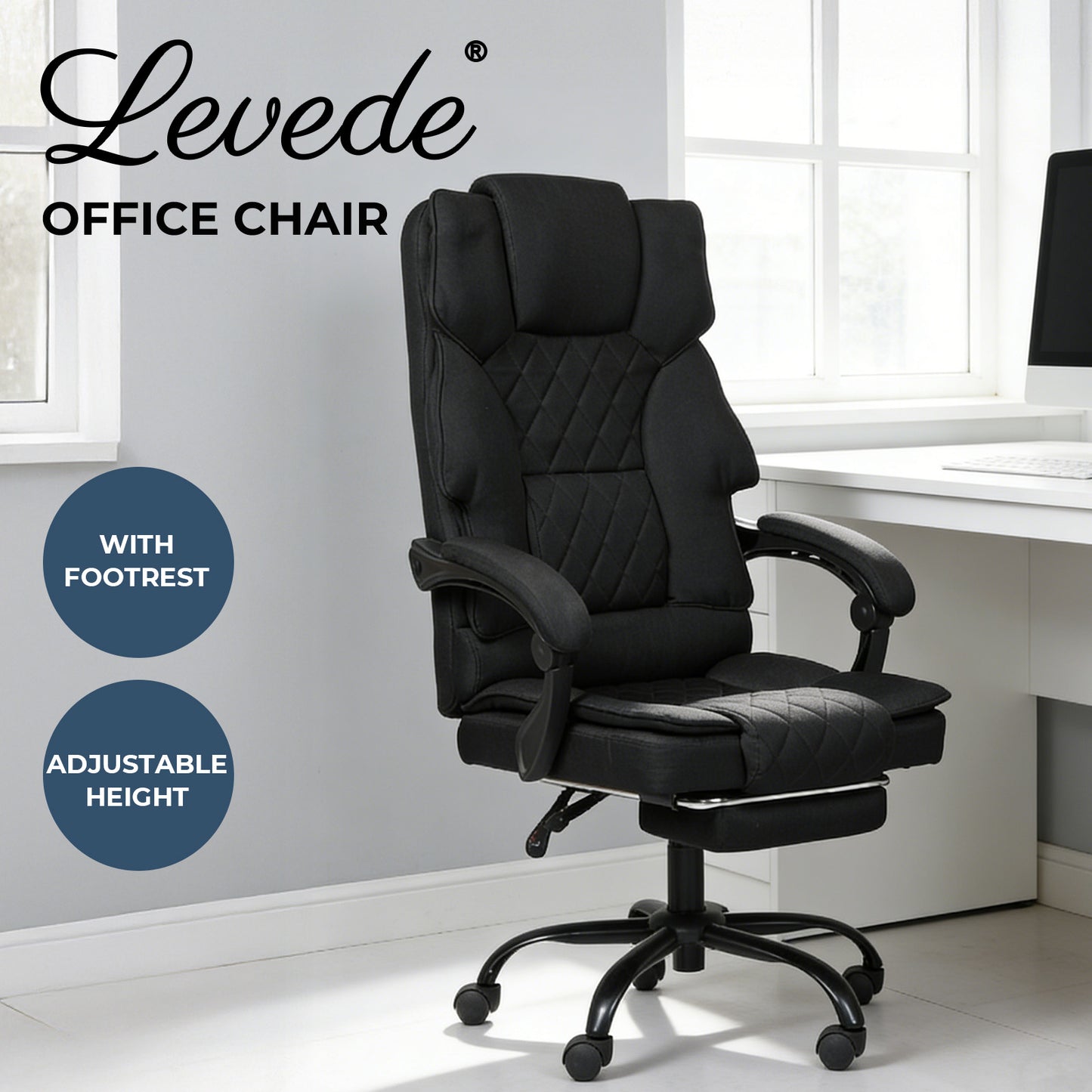 Levede Office Chair with Footrest Linen Fabric High Back Swivel 135° Reclining