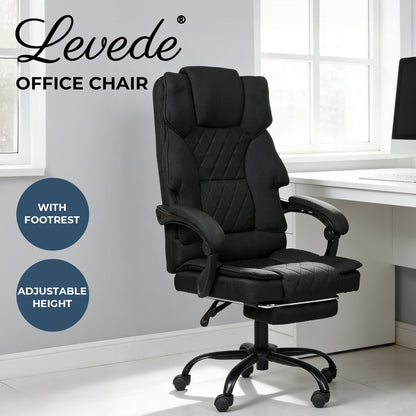 Levede Office Chair with Footrest Linen Fabric High Back Swivel 135° Reclining