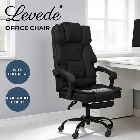 Levede Office Chair with Footrest Linen Fabric High Back Swivel 135° Reclining