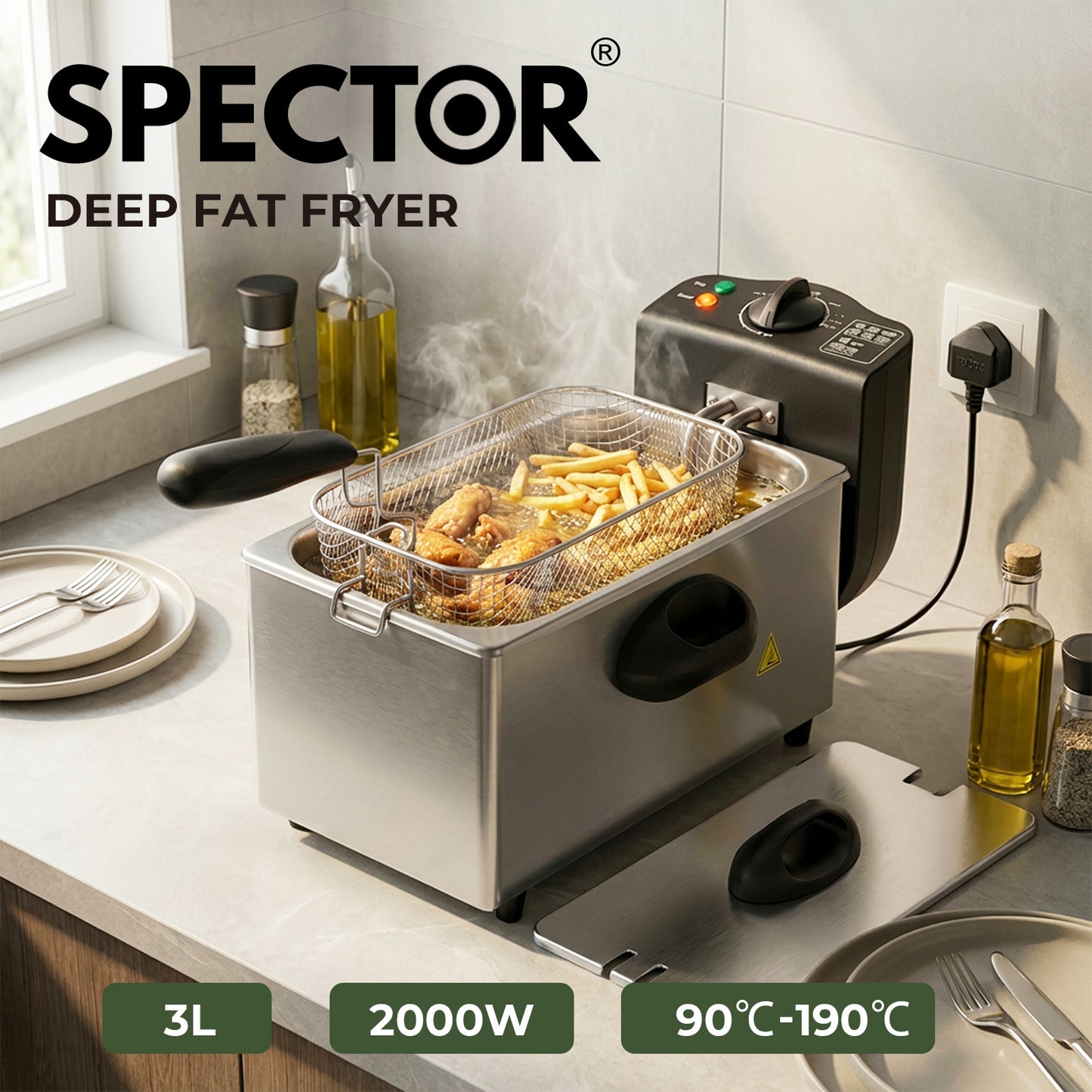 Spector Deep Fat Fryer 3L Chip Pan Basket Stainless Steel Adjustable Temp 2000W
