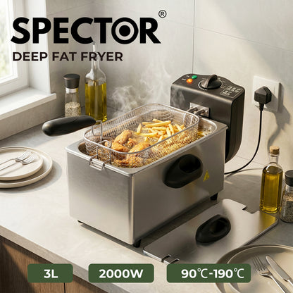 Spector Deep Fat Fryer 3L Chip Pan Basket Stainless Steel Adjustable Temp 2000W