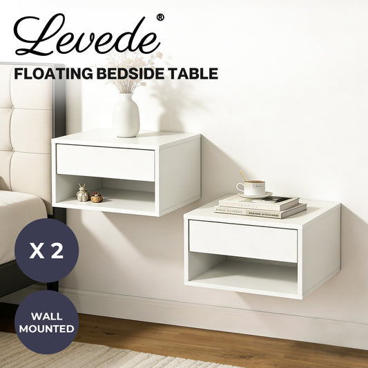 Levede Bedside Table Floating Set of 2 Wall Mounted Drawer Open Shelf White