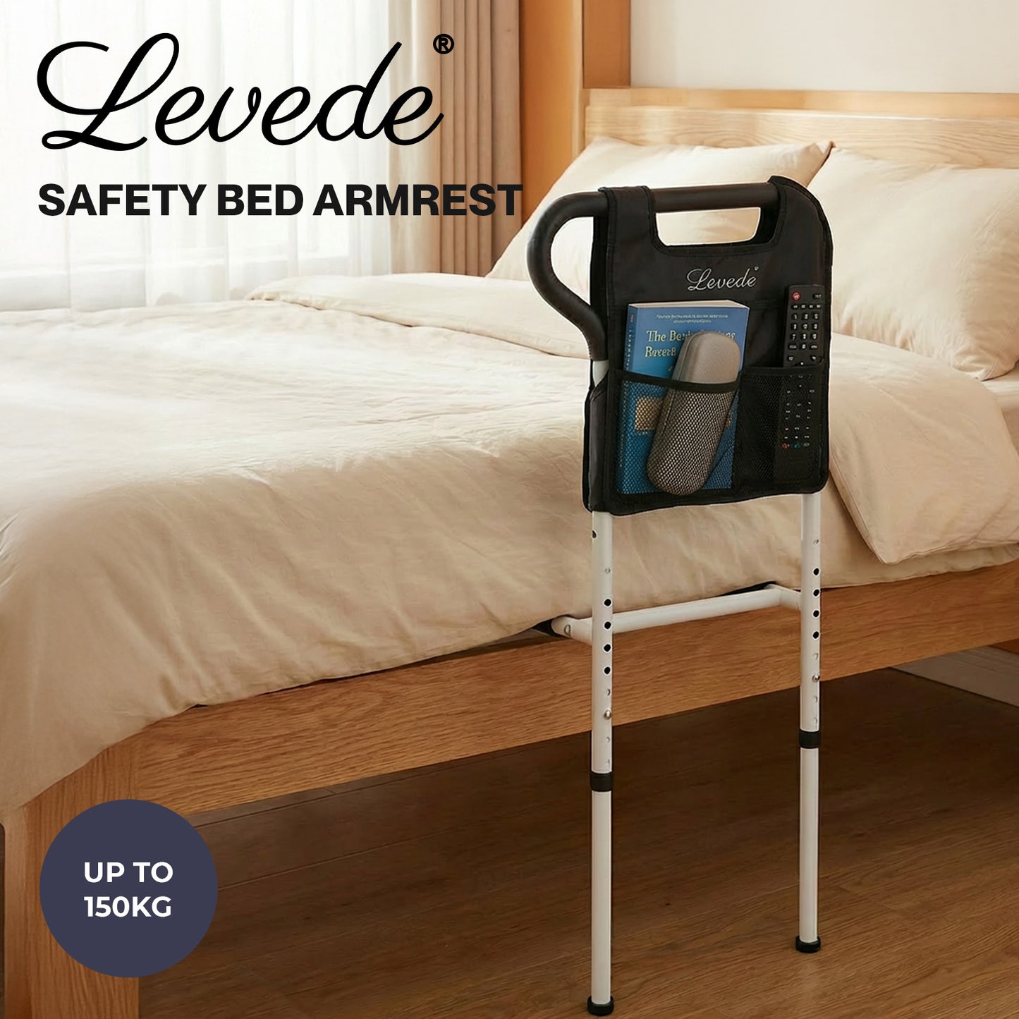 Levede Bed Rail Frame Adjustable Bedside Support Bar Bedroom Handle Storage Bag