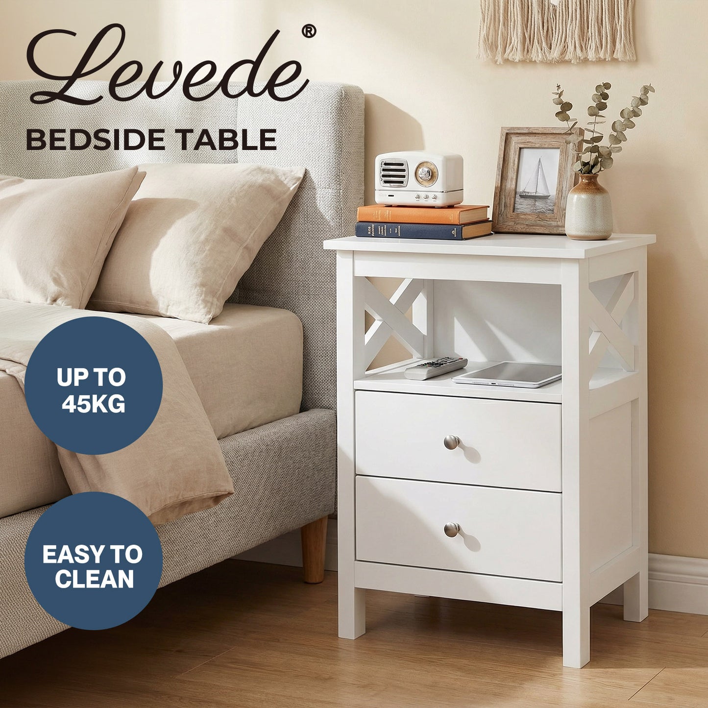 Levede Bedside Table Wood Nightstand Cabinet 2 Storage Drawers Open Shelf White