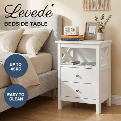 Levede Bedside Table Wood Nightstand Cabinet 2 Storage Drawers Open Shelf White