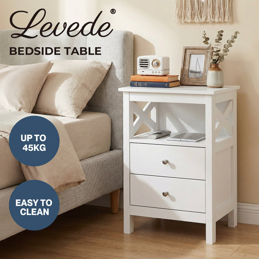 Levede Bedside Table Wood Nightstand Cabinet 2 Storage Drawers Open Shelf White