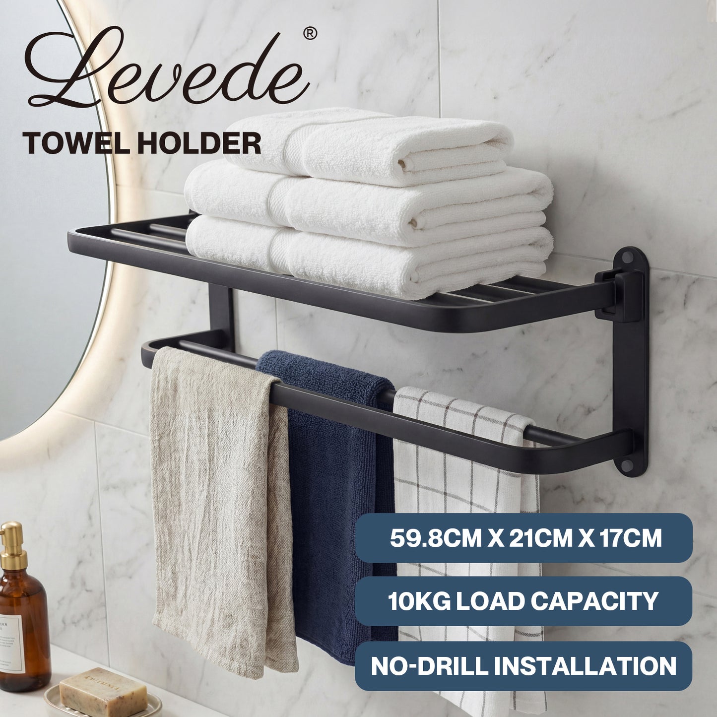 Levede Towel Holder with 2 Bars Wall Mounted No Drill Bathroom Shelf Black