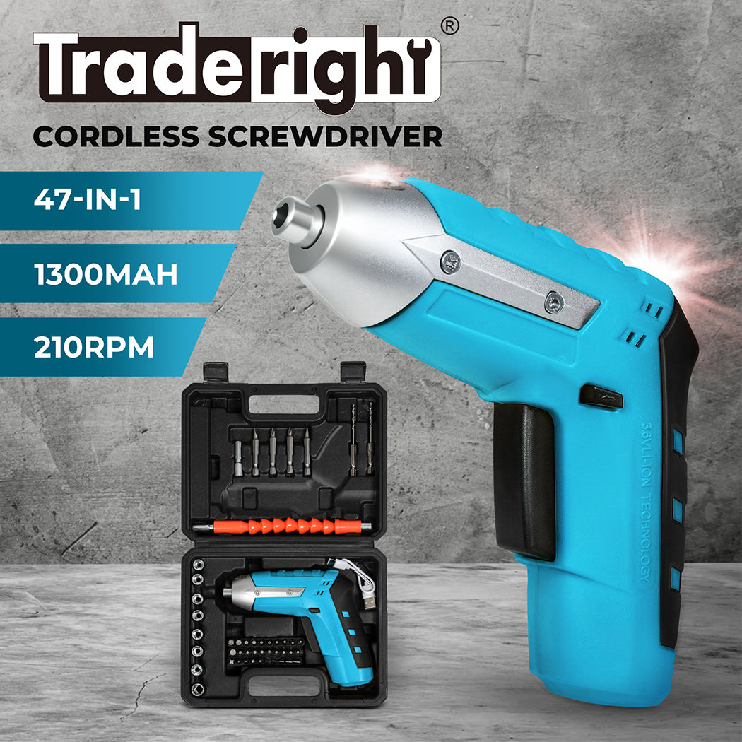 Traderight 47pcs Cordless Screwdriver Set 1300mAh Rechargeable 3.0N.m Torque