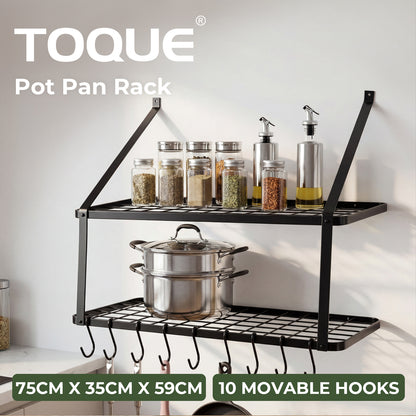 TOQUE Pot Pan Rack Wall Mounted Kitchen Shelf 2 Tier Storage Rack Metal 10 Hooks