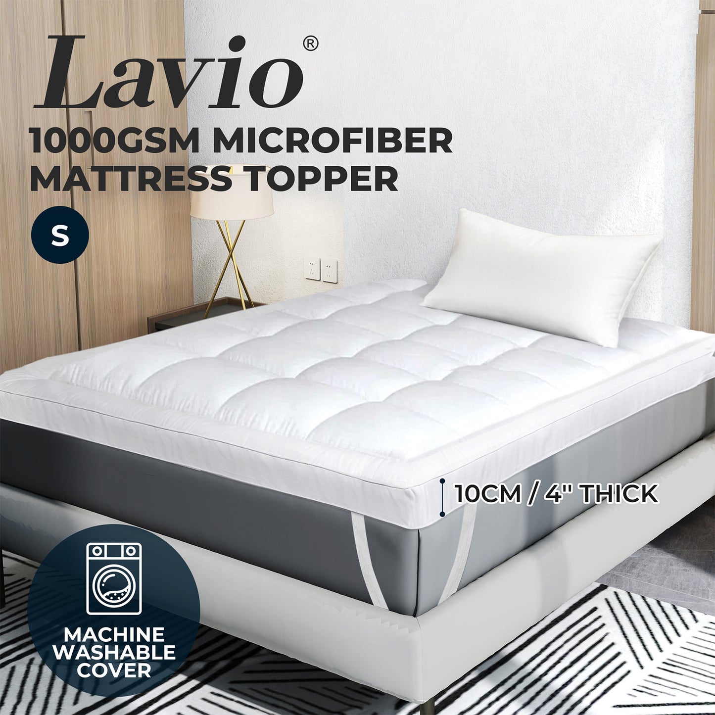 Lavio Mattress Topper Single 10CM Deep Washable Thick Soft Microfibre with Strap