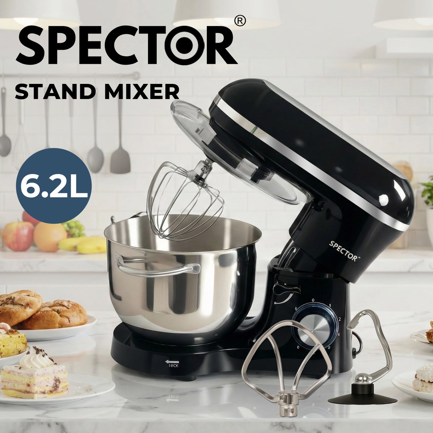 Spector Electric Stand Mixer 6.2L Stainless Steel Mixing Bowl 1400W 6 Speeds