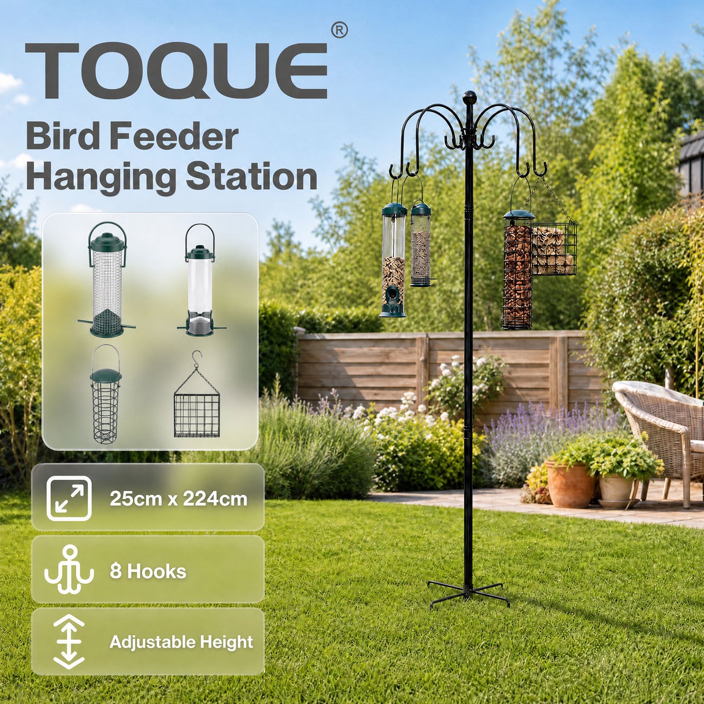 TOQUE Complete Bird Feeding Station Outdoor Garden Wild Birds Feeder 4 Feeders