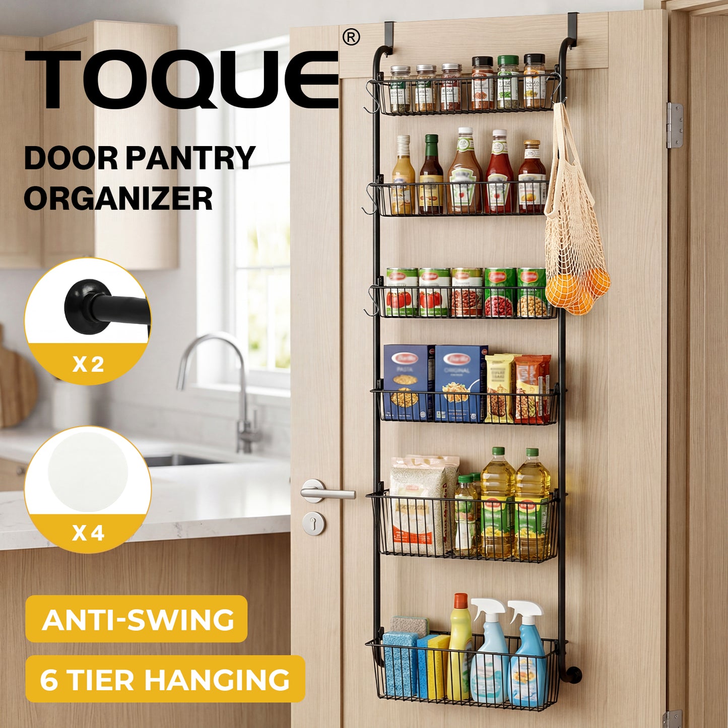 TOQUE Over Door Pantry Organiser 6 Tier Kitchen Hanging Storage Rack Black Metal
