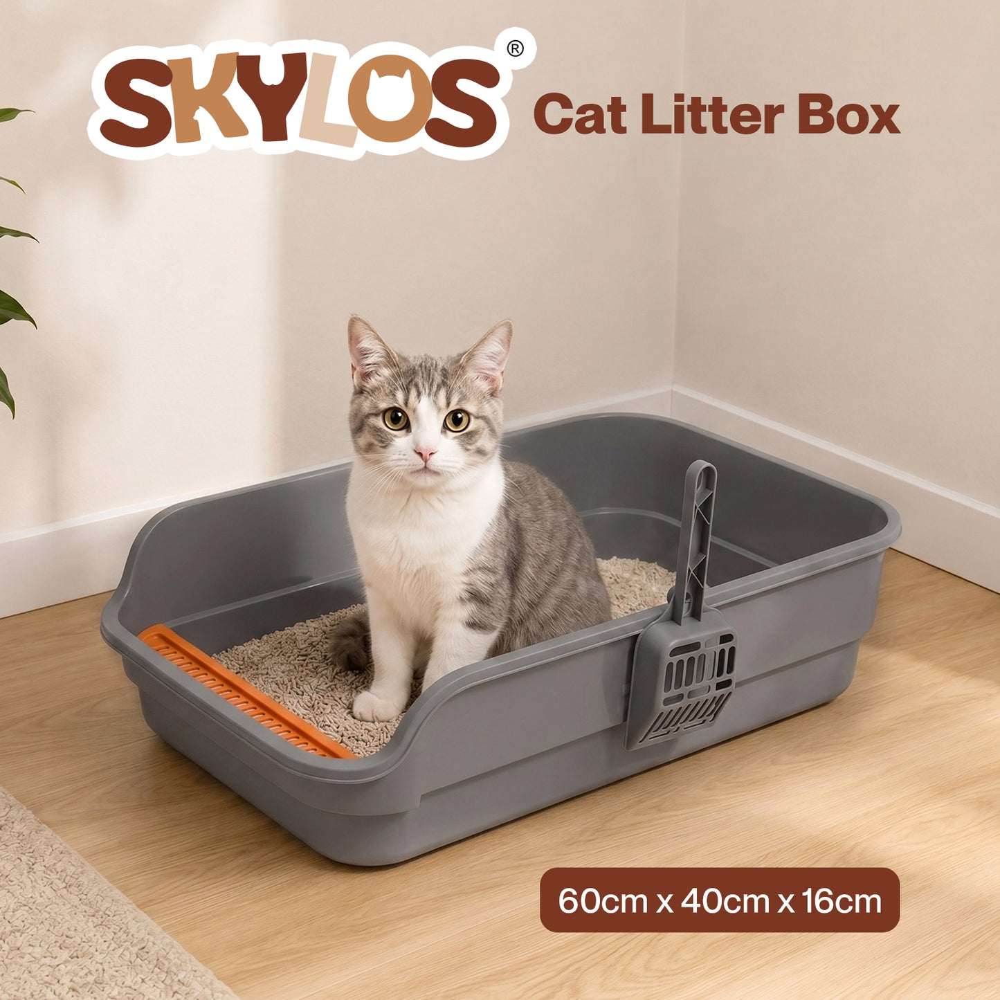 Skylos Cat Litter Tray Spacious High Sided Low Entry Open Pan for Cats Grey