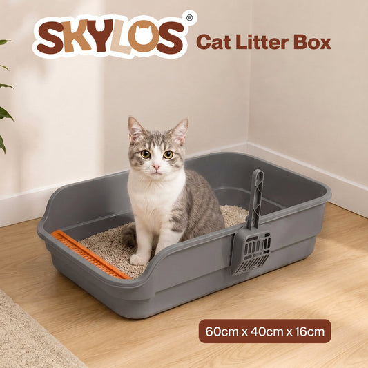 Skylos Cat Litter Tray Spacious High Sided Low Entry Open Pan for Cats Grey