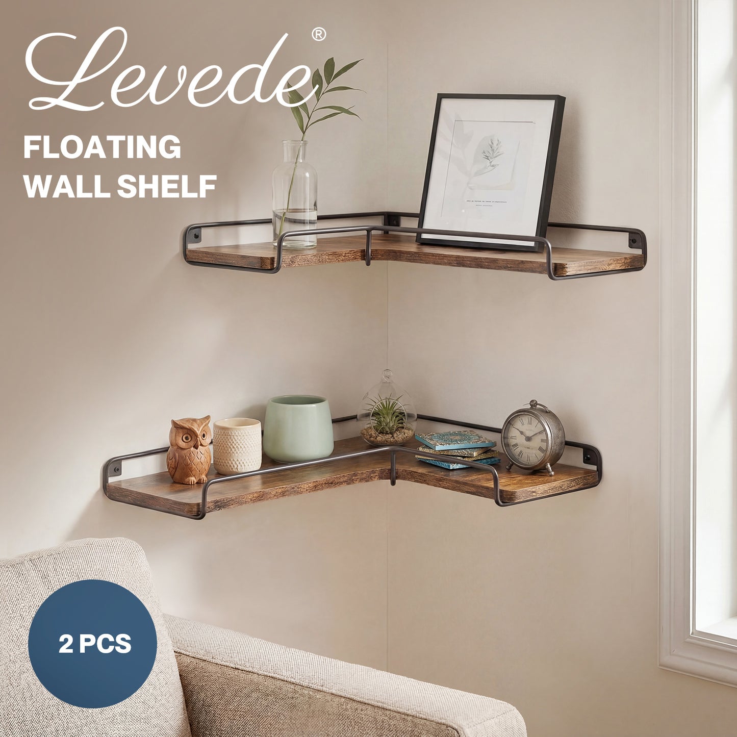 Levede Rustic Floating Shelves Set 2PC Kitchen Corner Wall Shelf Unit Storage