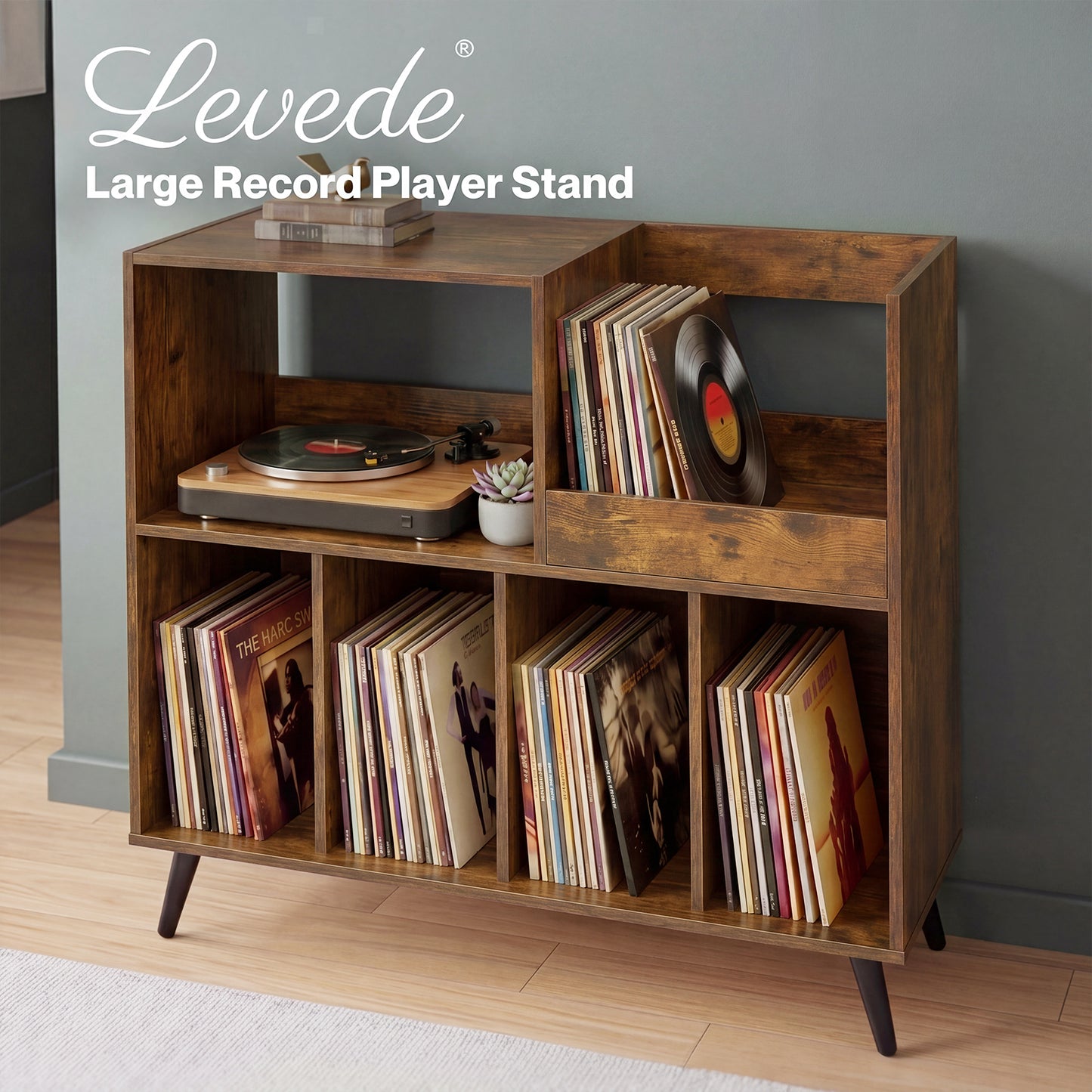 Levede Record Player Stand 300+ Album Storage Turntable Cabinet Rubber Wood Antique Brown