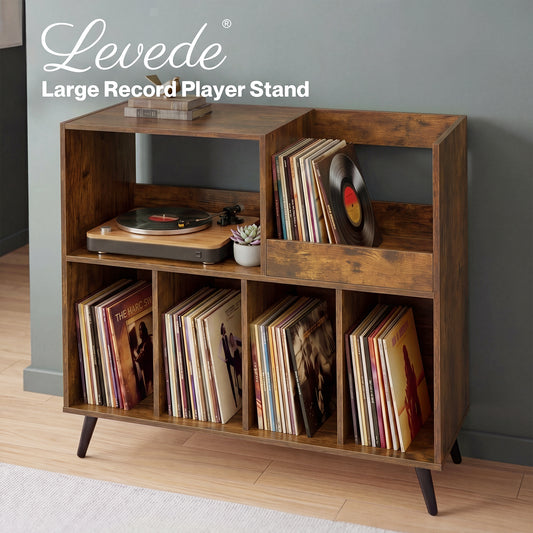 Levede Record Player Stand 300+ Album Storage Turntable Cabinet Rubber Wood Antique Brown
