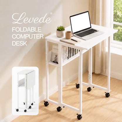 Levede Folding Computer Desk Extandable Table with Storage Shelf Wheeled Compact