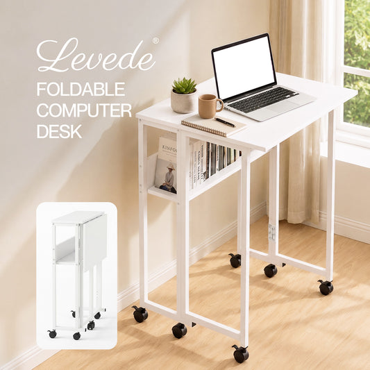 Levede Folding Computer Desk Extandable Table with Storage Shelf Wheeled Compact