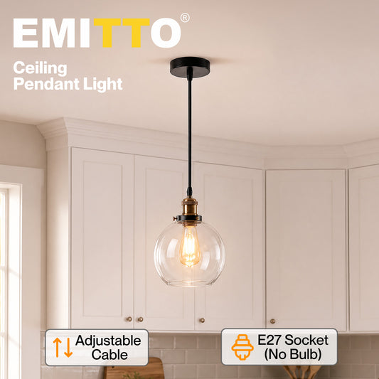 Emitto Ceiling Pendant Light Retro Industrial Glass LampShade Adjustable Cable