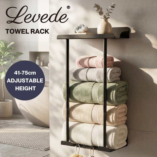 Levede Towel Rack Adjustable No Drilling Towel Holder Storage Wall Mounted Black