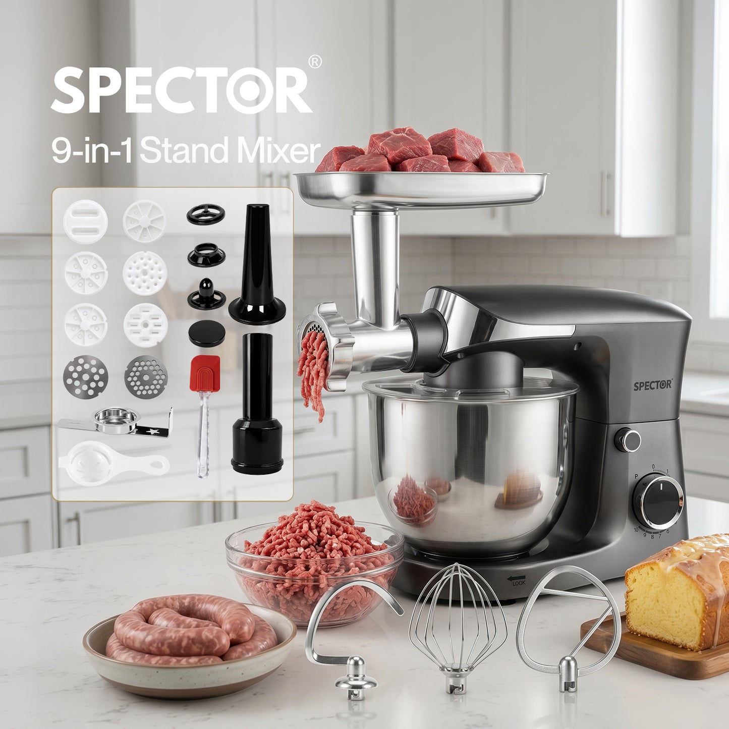 Spector 9 in 1 Stand Mixer 1500W Food Mixer Meat Grinder Kitchen Machine 5.5L
