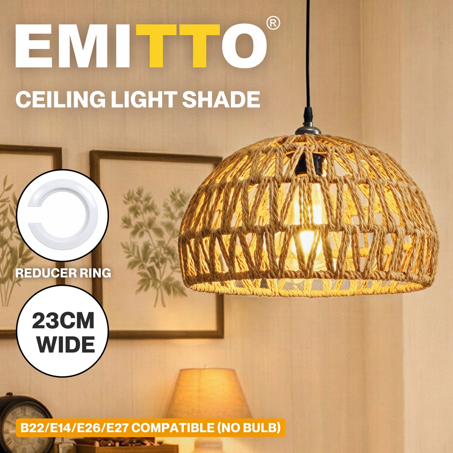 Emitto Rustic Ceiling Pendant Light Shade Hemp Rope Lamp Shade Boho Yellow 23cm