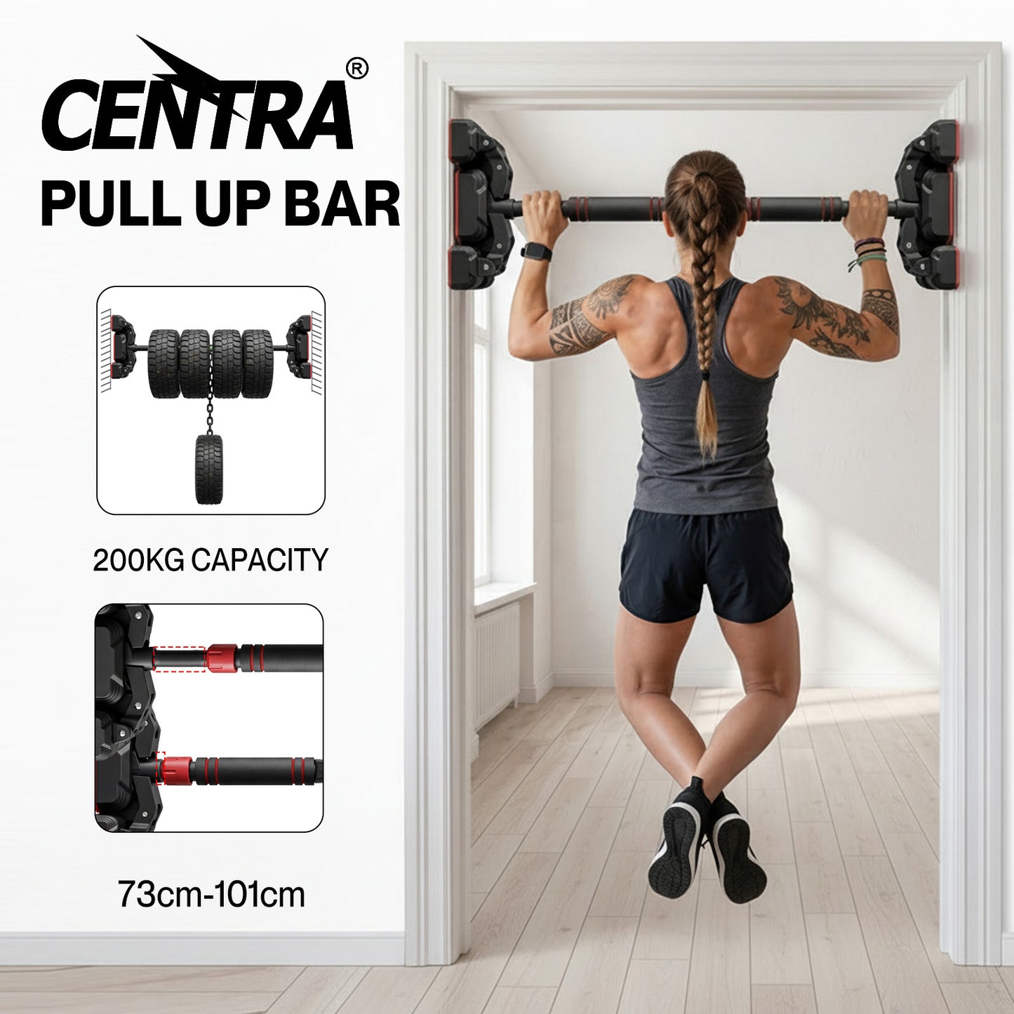 Centra Pull Up Bar Doorway No Screw Lever Adjustable Length Heavy Duty 200kg