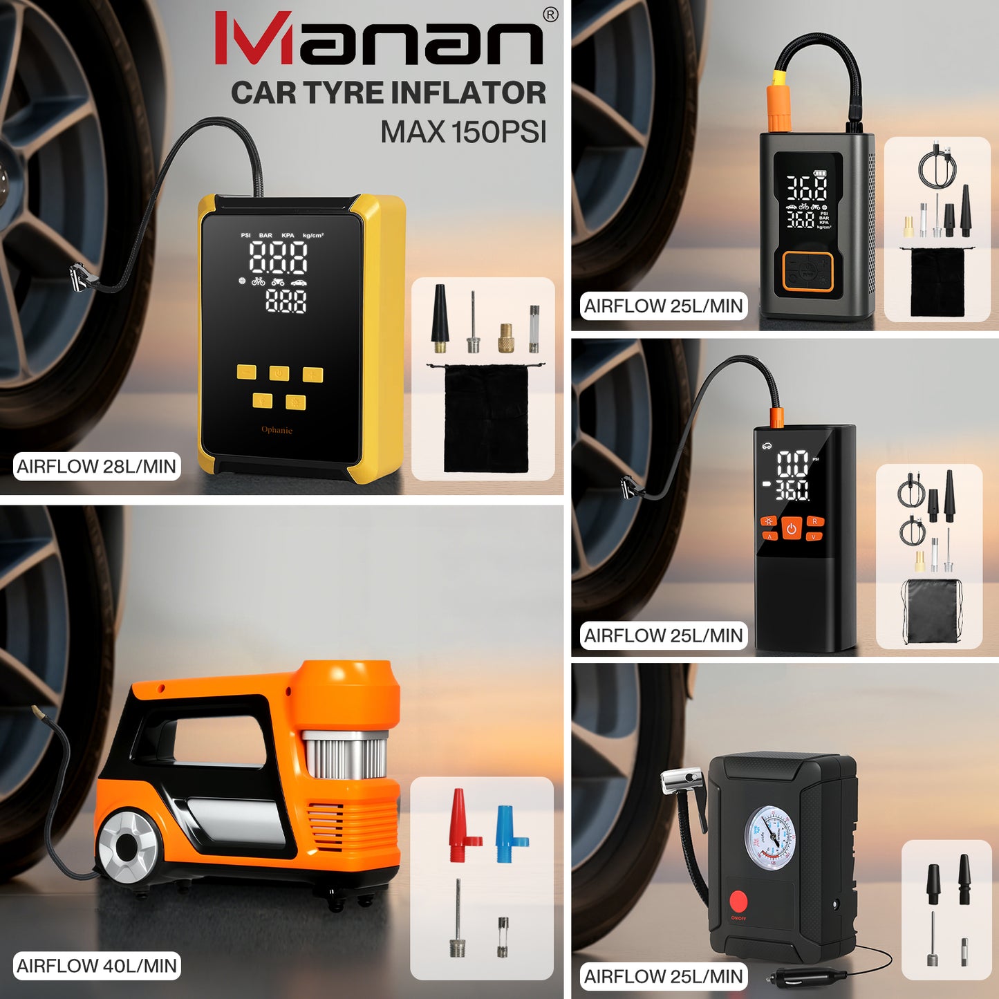 Manan Car Tyre Inflator 150PSI 12V Digital Air Compressor Pump Portable LED
