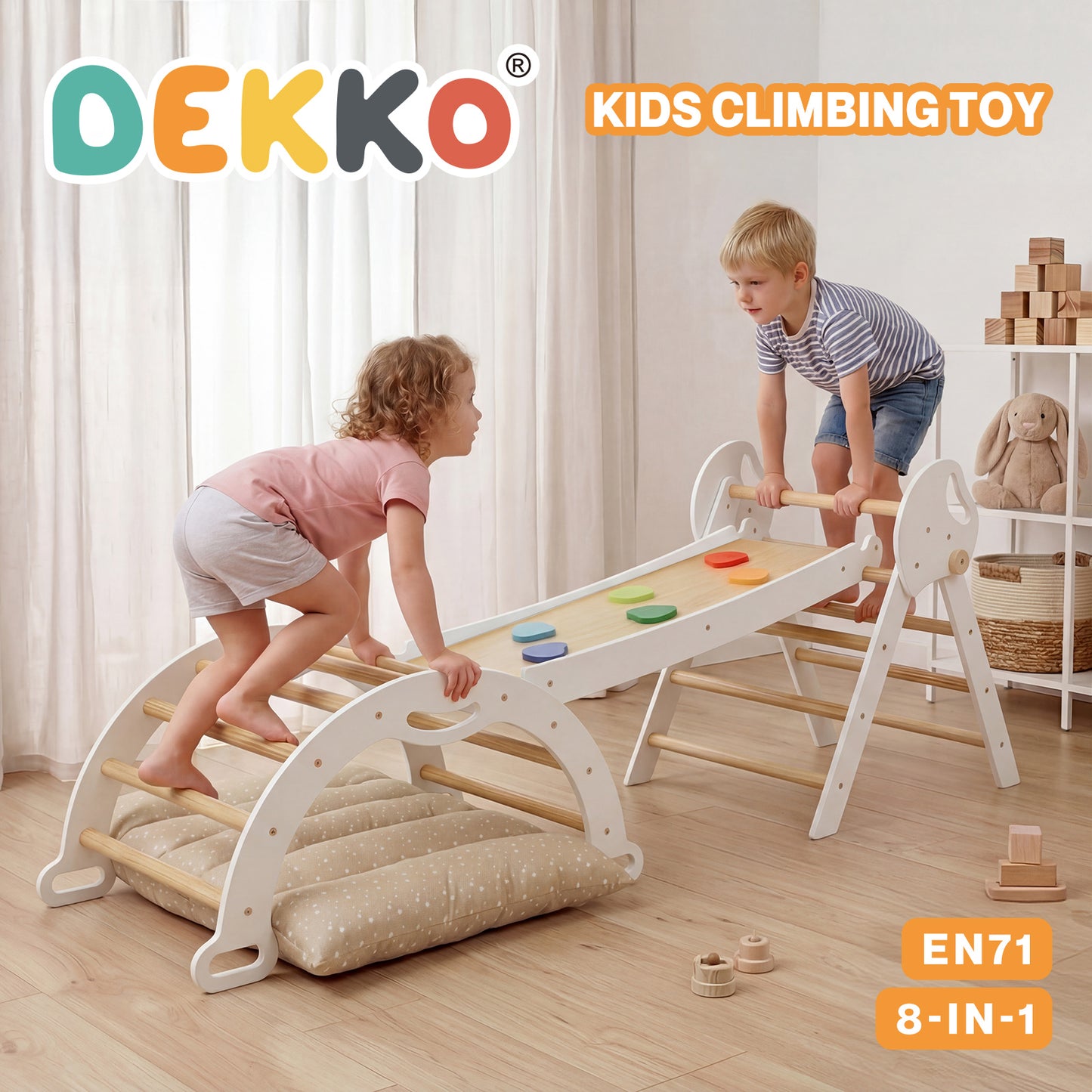 DEKKO 8 in 1 Triangle Climbing Set Kids Wooden Climber with Arch Slide White