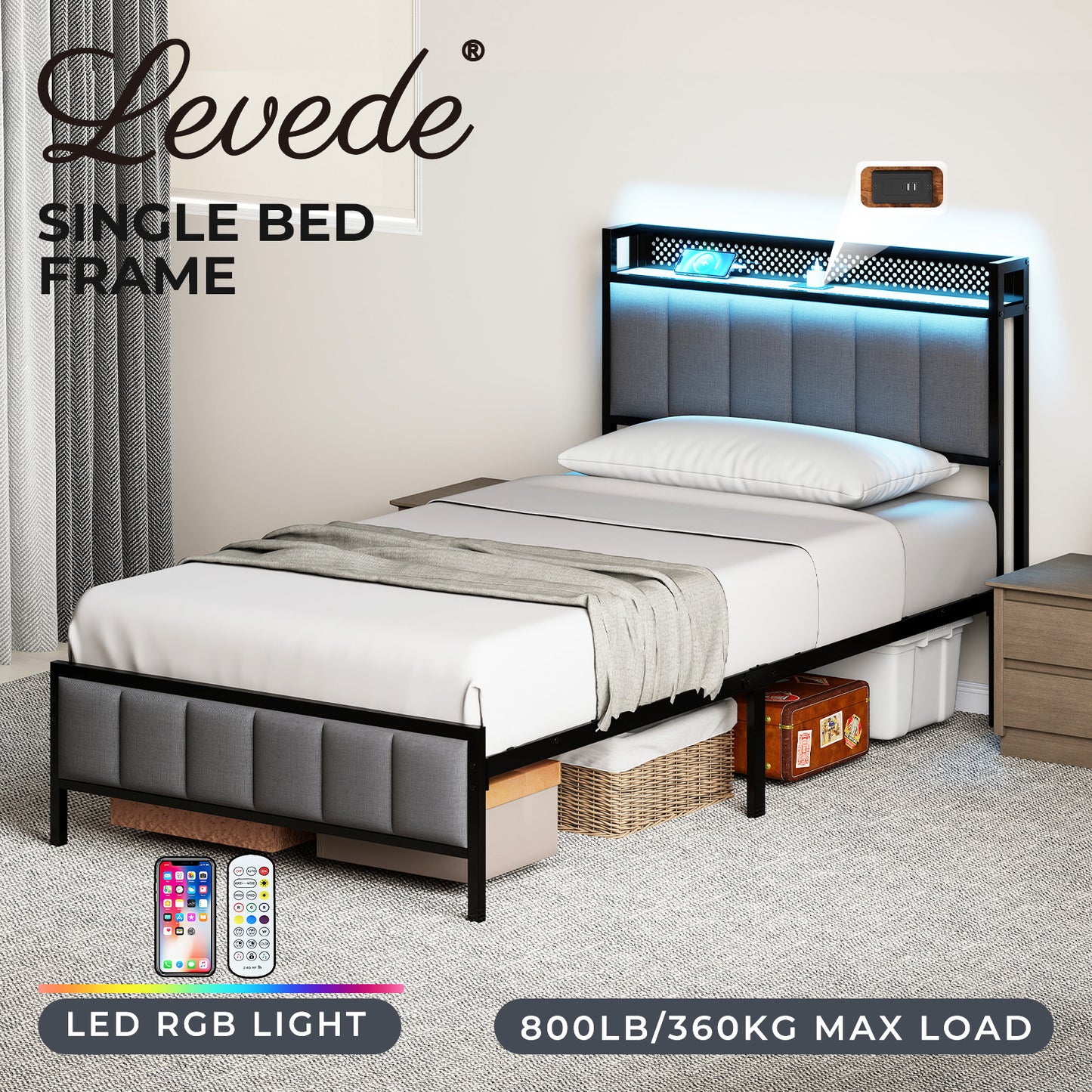 Levede Large Single Bed Frame Metal 90x200cm LED Headboard Charging Station