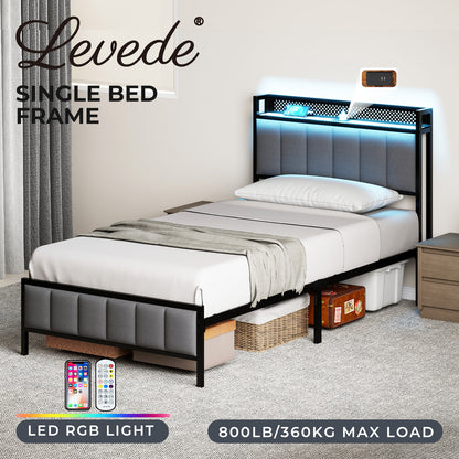 Levede Large Single Bed Frame Metal 90x200cm LED Headboard Charging Station