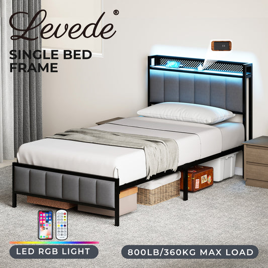 Levede Large Single Bed Frame Metal 90x200cm LED Headboard Charging Station
