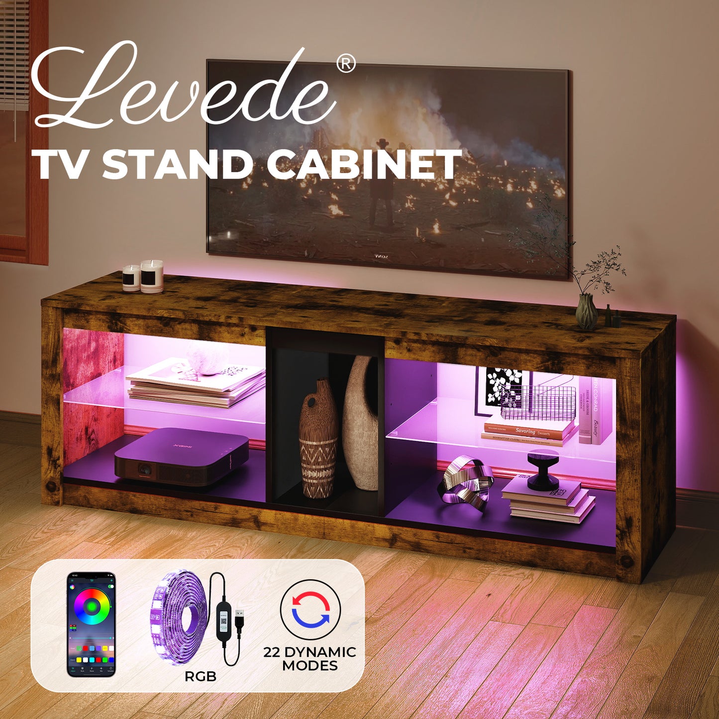Levede TV Stand Cabinet Entertainment Unit with LED Lights Glass Display Shelves